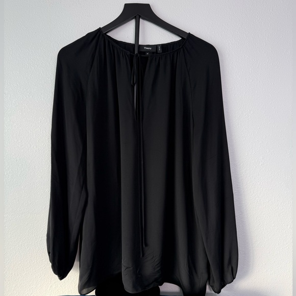 THEORY Silk Gathered Slit Neck Long Sleeve Blouse Top Size M - Picture 2 of 12